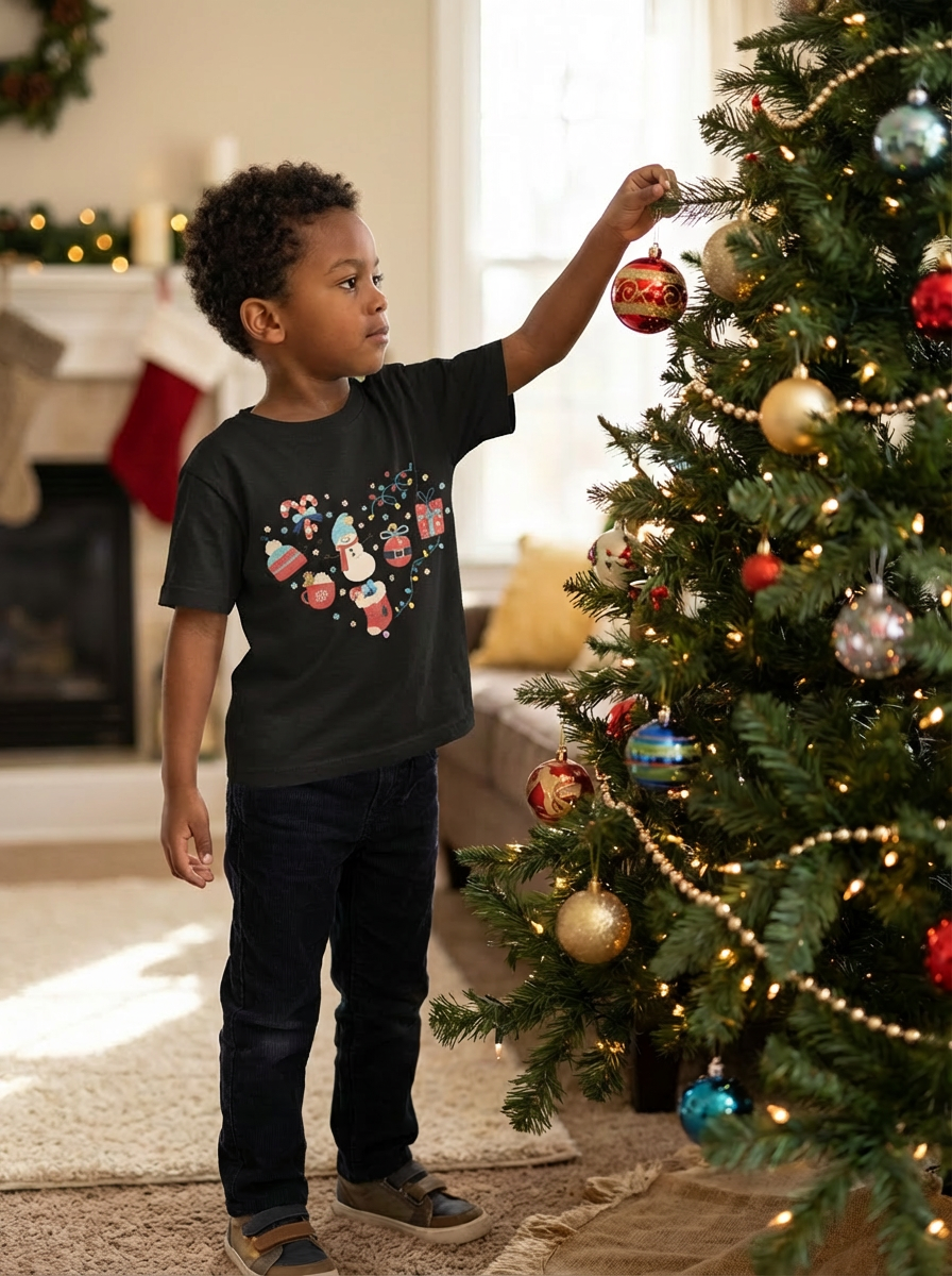 Christmas Heart Toddler Short Sleeve Tee | Festive Holiday Kids Shirt