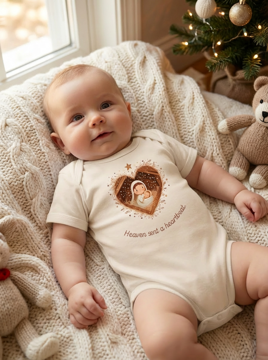 Heaven Sent a Heartbeat Organic Baby Bodysuit | Christian Christmas Onesie