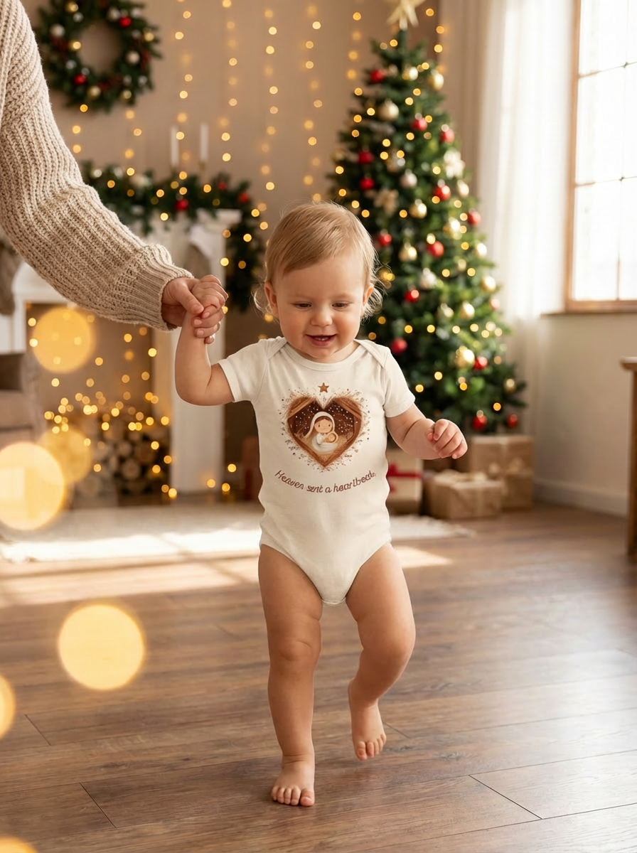 Heaven Sent a Heartbeat Organic Baby Bodysuit | Christian Christmas Onesie