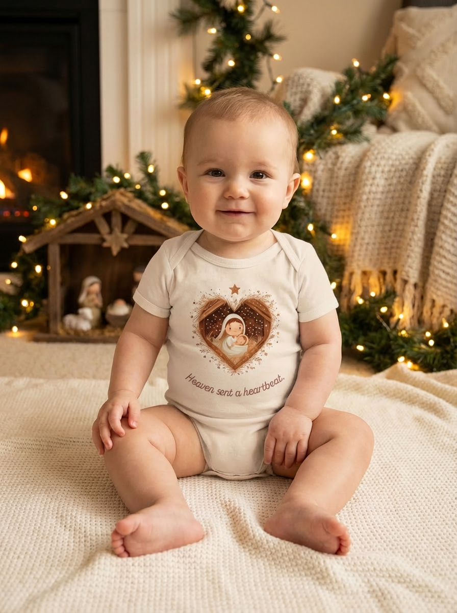 Heaven Sent a Heartbeat Organic Baby Bodysuit | Christian Christmas Onesie
