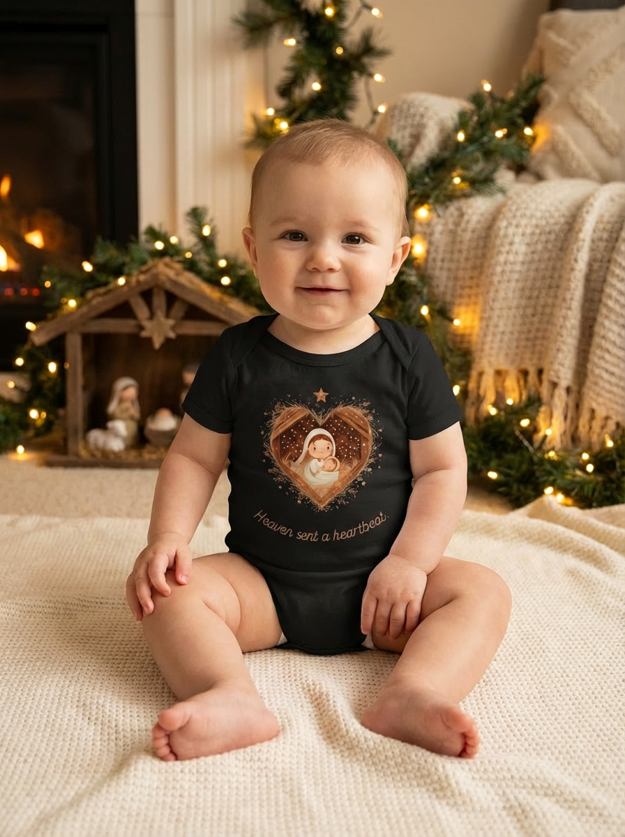 Heaven Sent a Heartbeat Organic Baby Bodysuit | Christian Christmas Onesie
