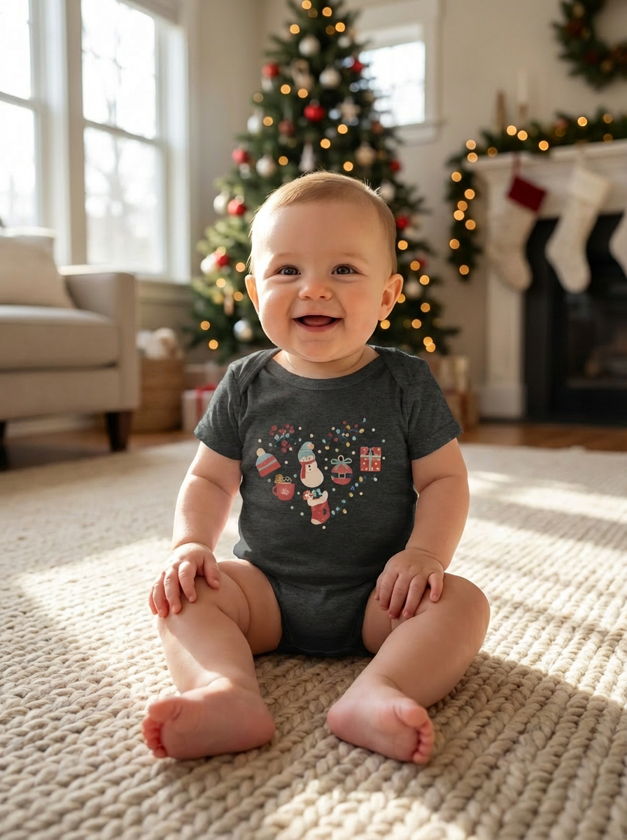 Christmas Heart Baby Bodysuit | Holiday Heart Infant One Piece