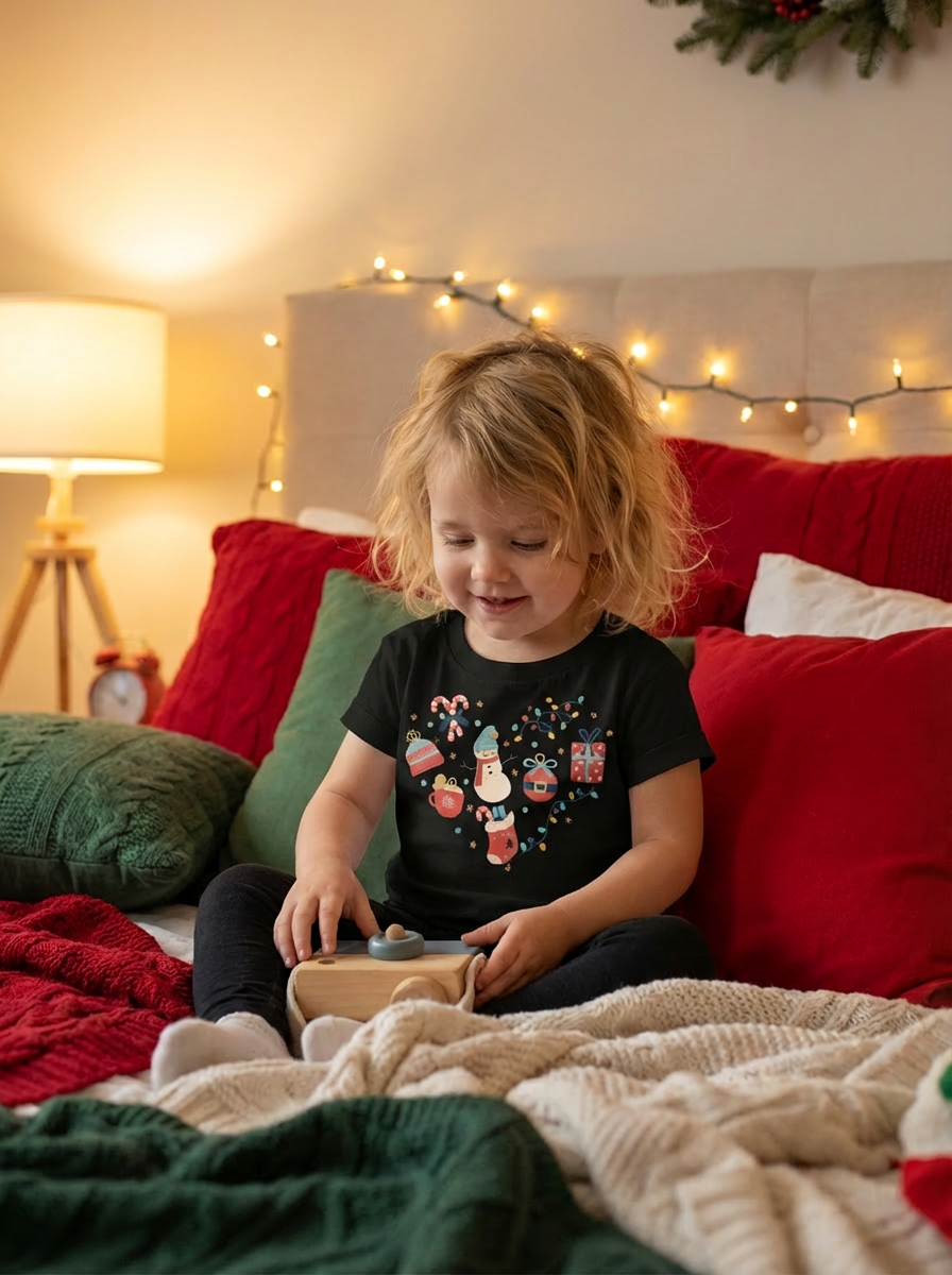 Christmas Heart Toddler Short Sleeve Tee | Festive Holiday Kids Shirt