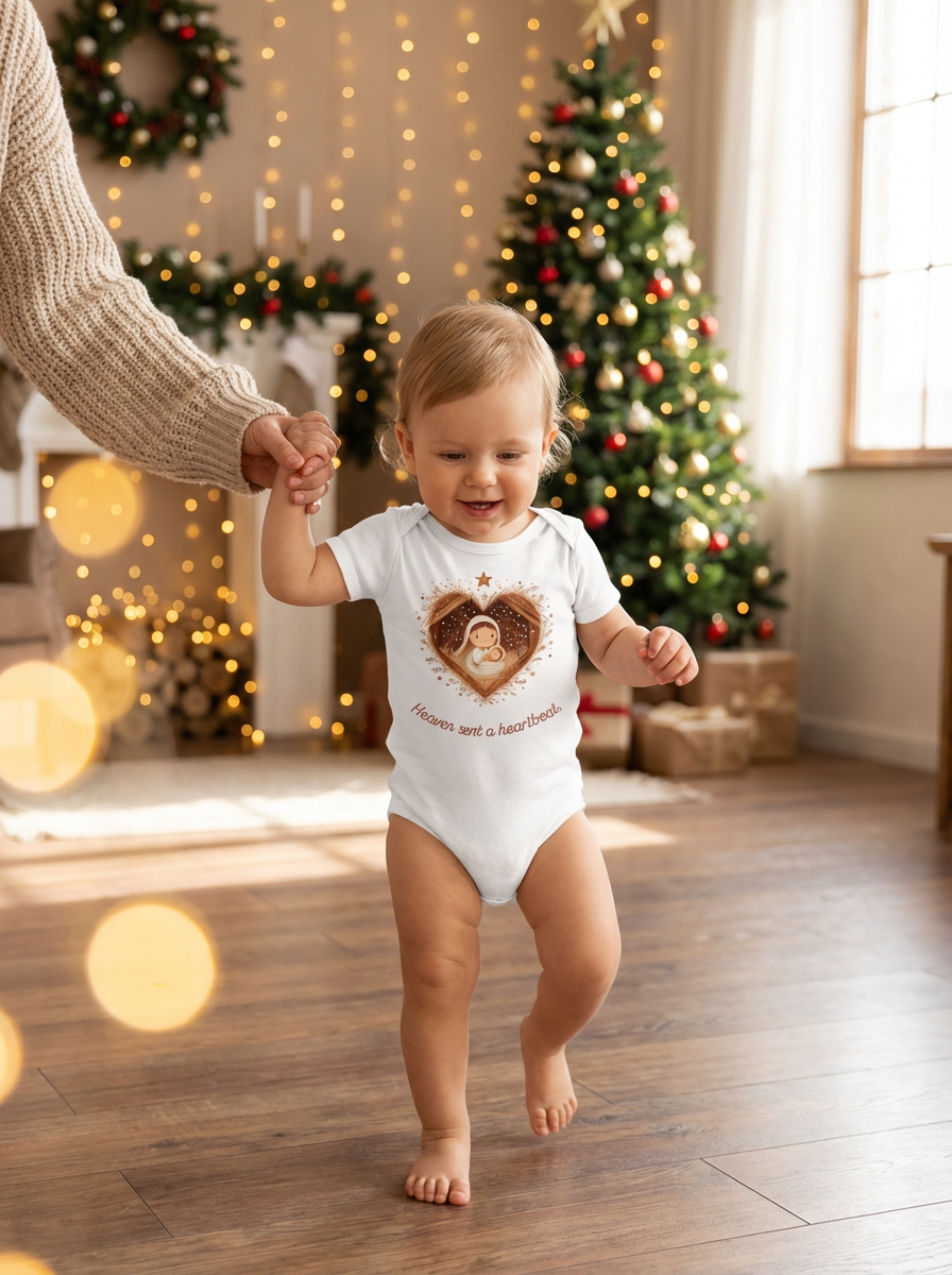 Heaven Sent a Heartbeat Organic Baby Bodysuit | Christian Christmas Onesie