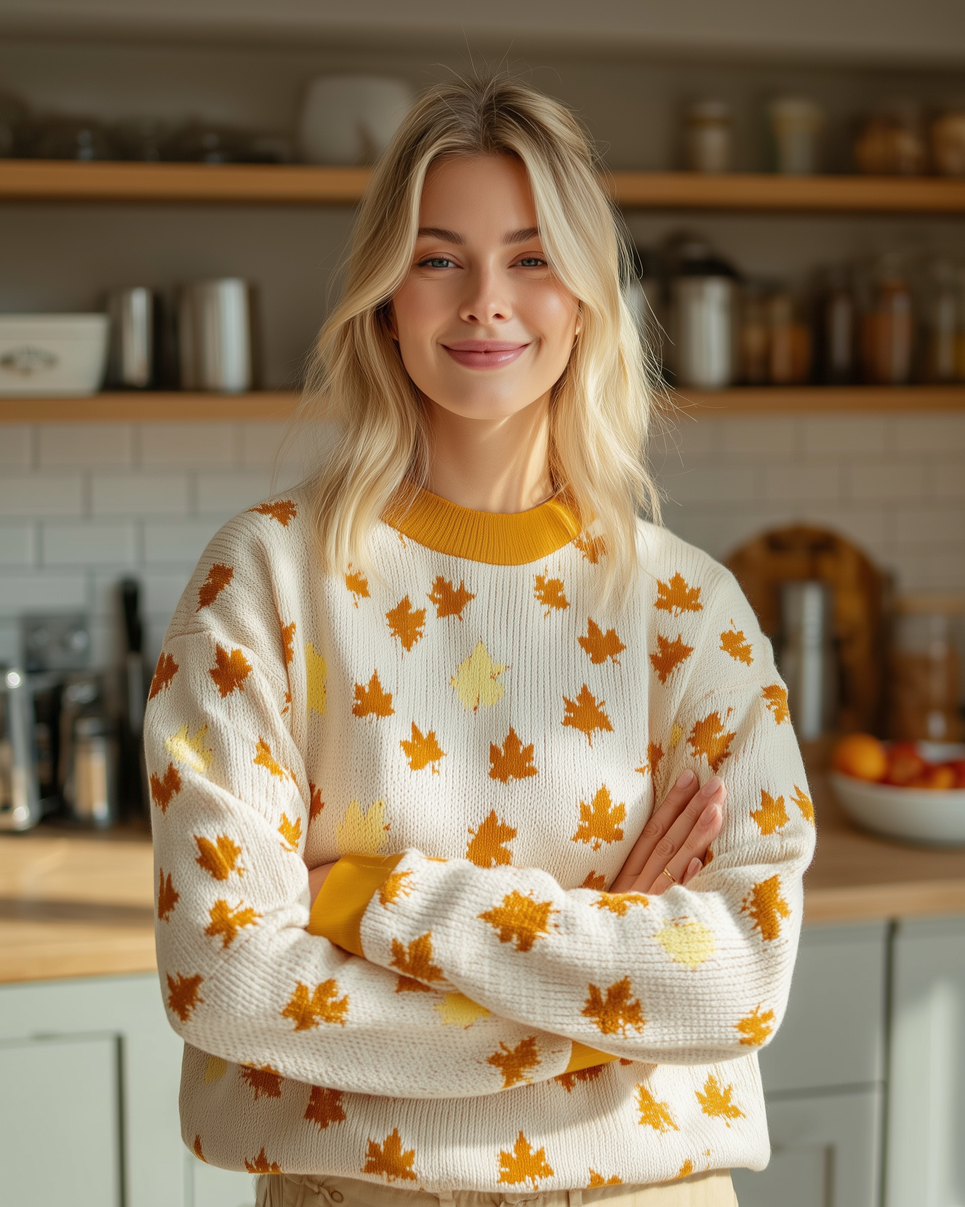 Allover Maple Leaf Sweater (White with Orange Leaves) - Women's