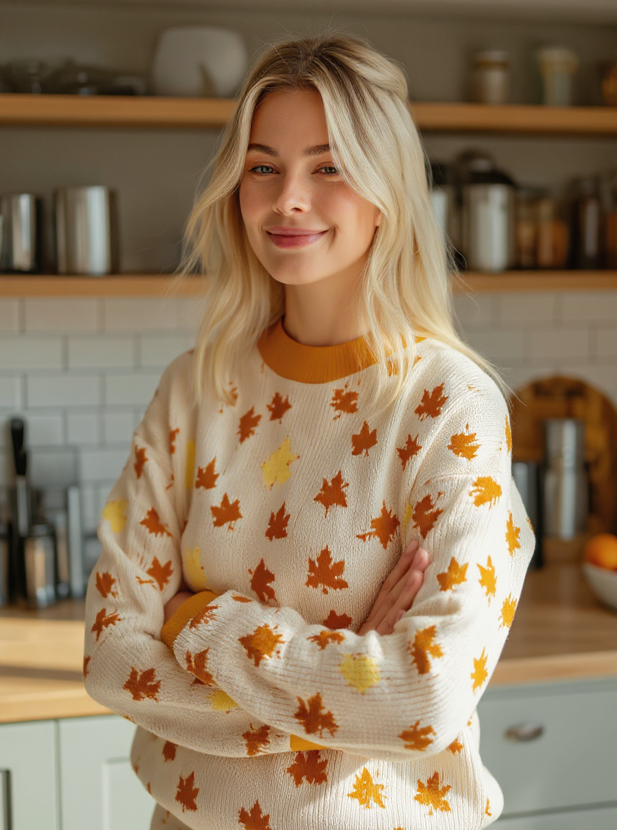 Allover Maple Leaf Sweater (White with Orange Leaves) - Women's