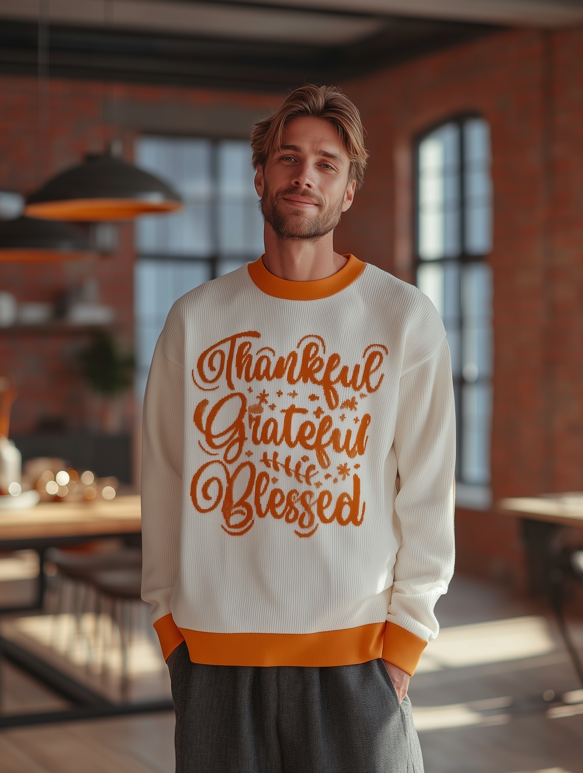 Thankful Grateful Blessed Sweater (Orange) - Men's