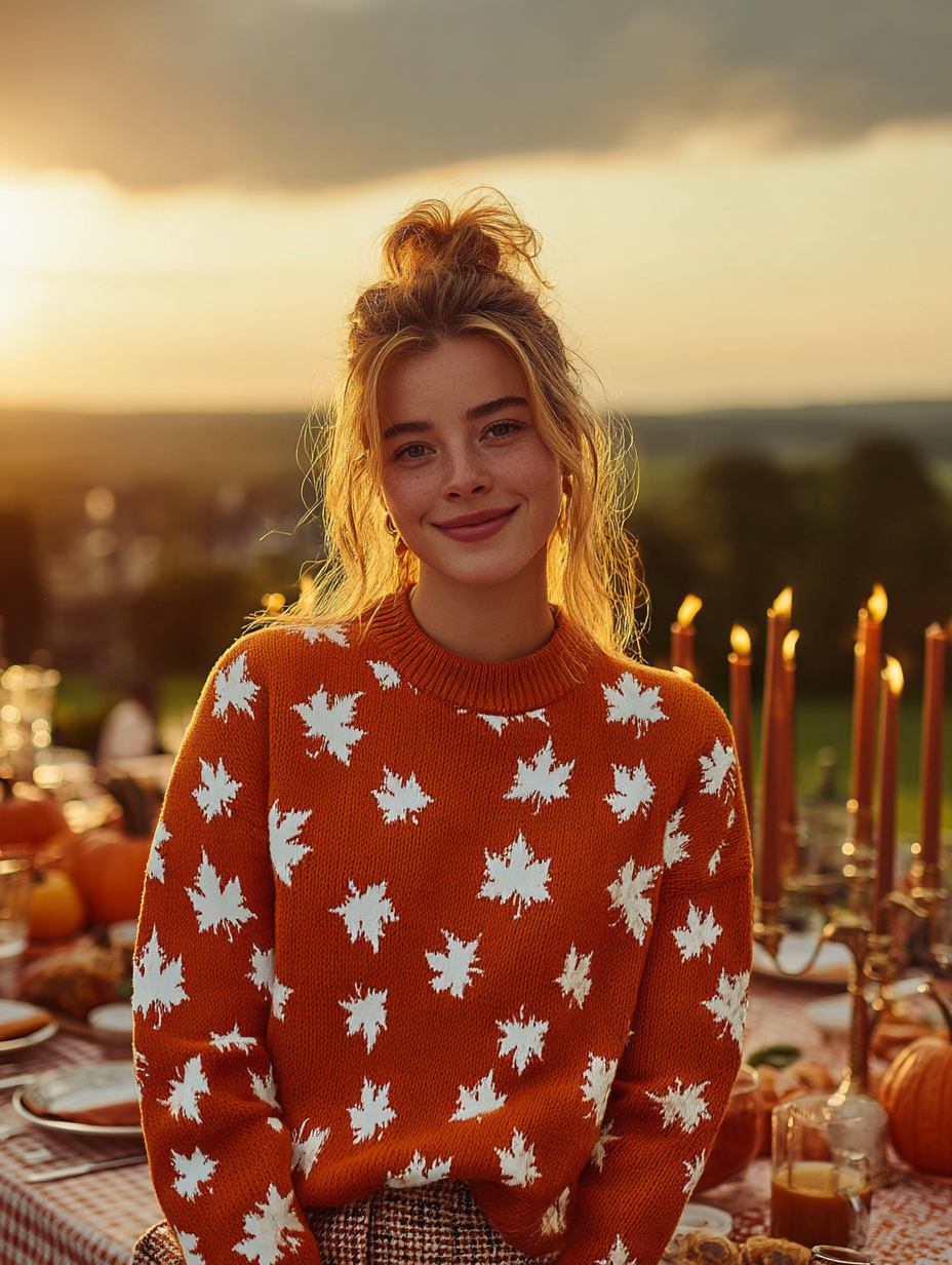 Allover Maple Leaf Sweater (Orange with White Leaves) - Women's