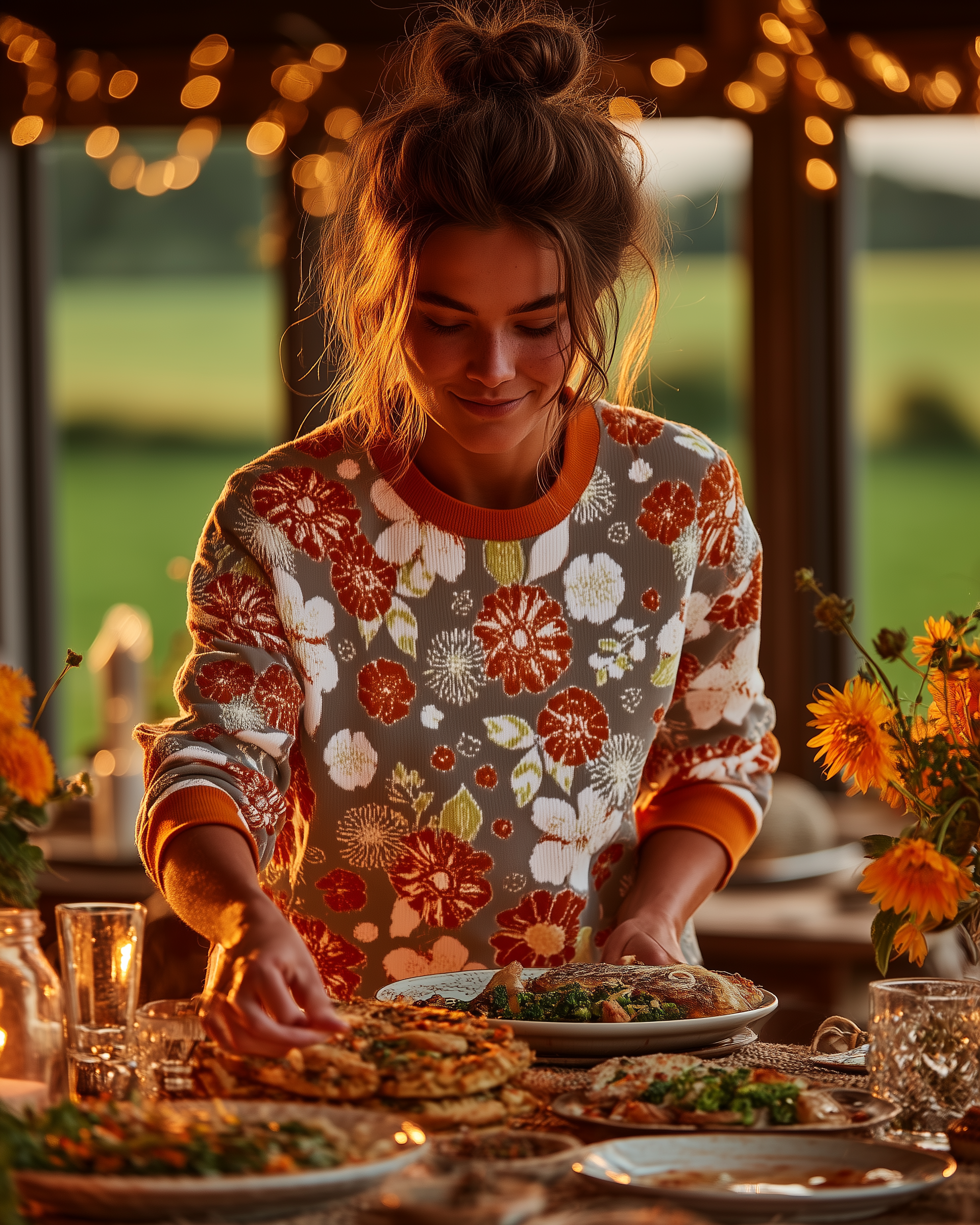 Thanksgiving Allover Flower Sweater - Women's