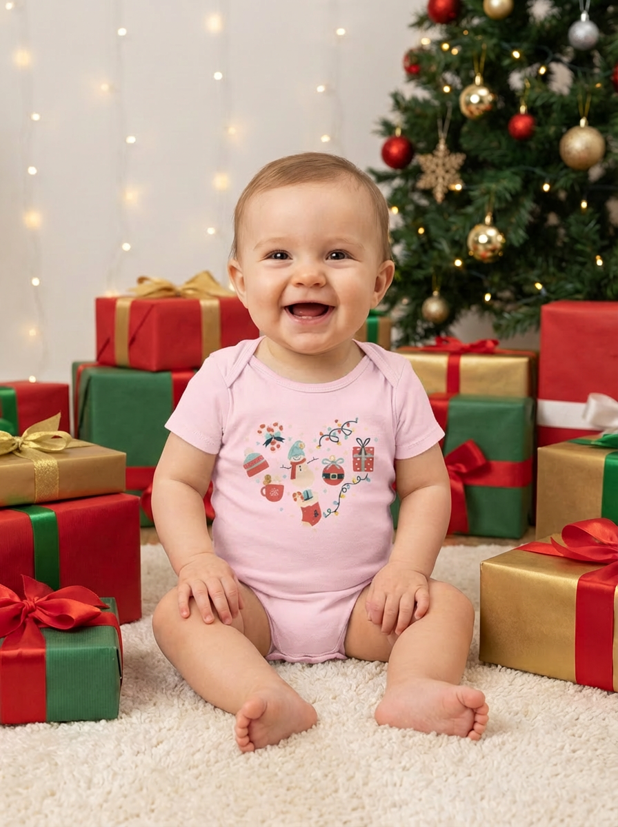 Christmas Heart Baby Bodysuit | Holiday Heart Infant One Piece