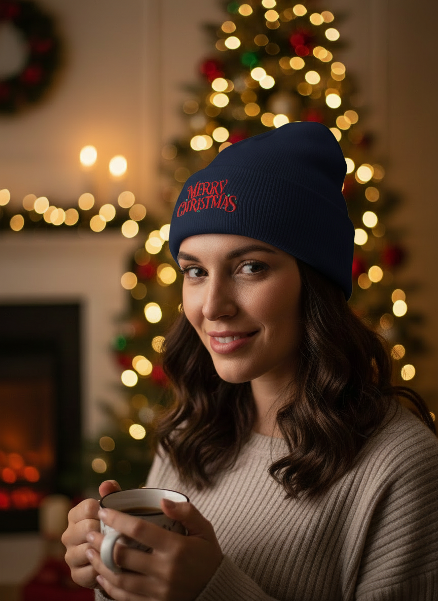 Merry Christmas Minimal Holiday Beanie  - Women's