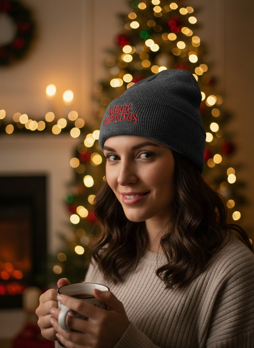 Merry Christmas Minimal Holiday Beanie  - Women's