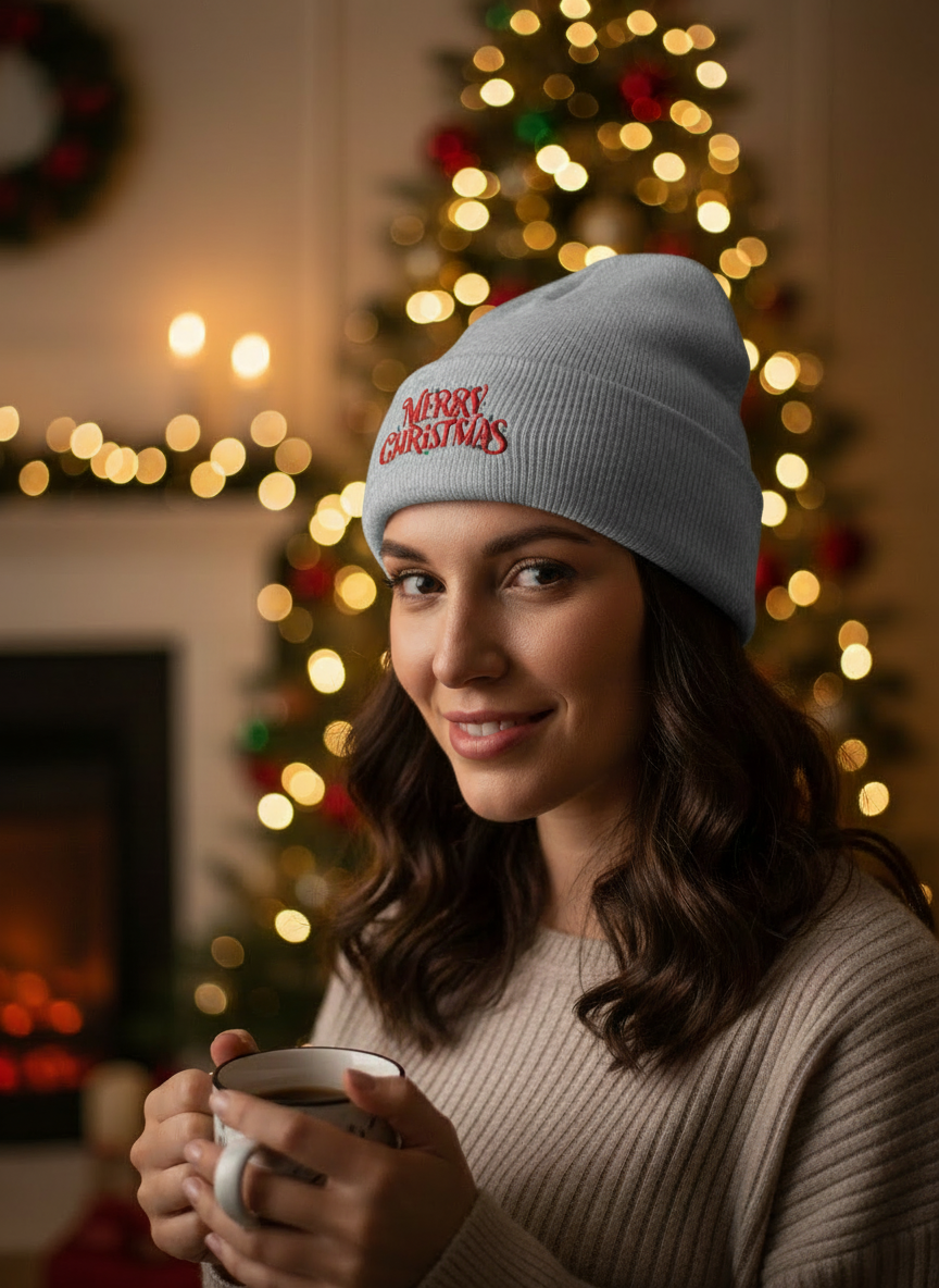 Merry Christmas Minimal Holiday Beanie  - Women's