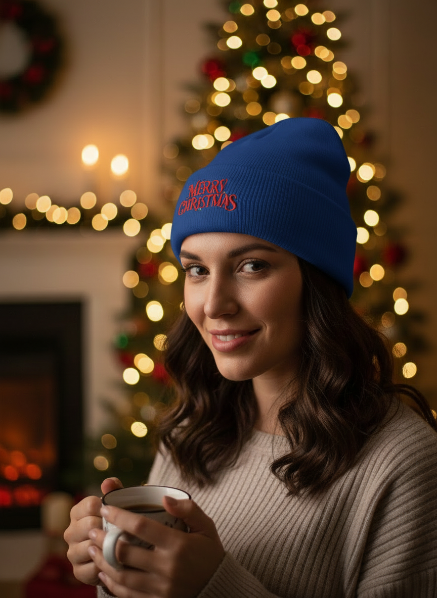 Merry Christmas Minimal Holiday Beanie  - Women's