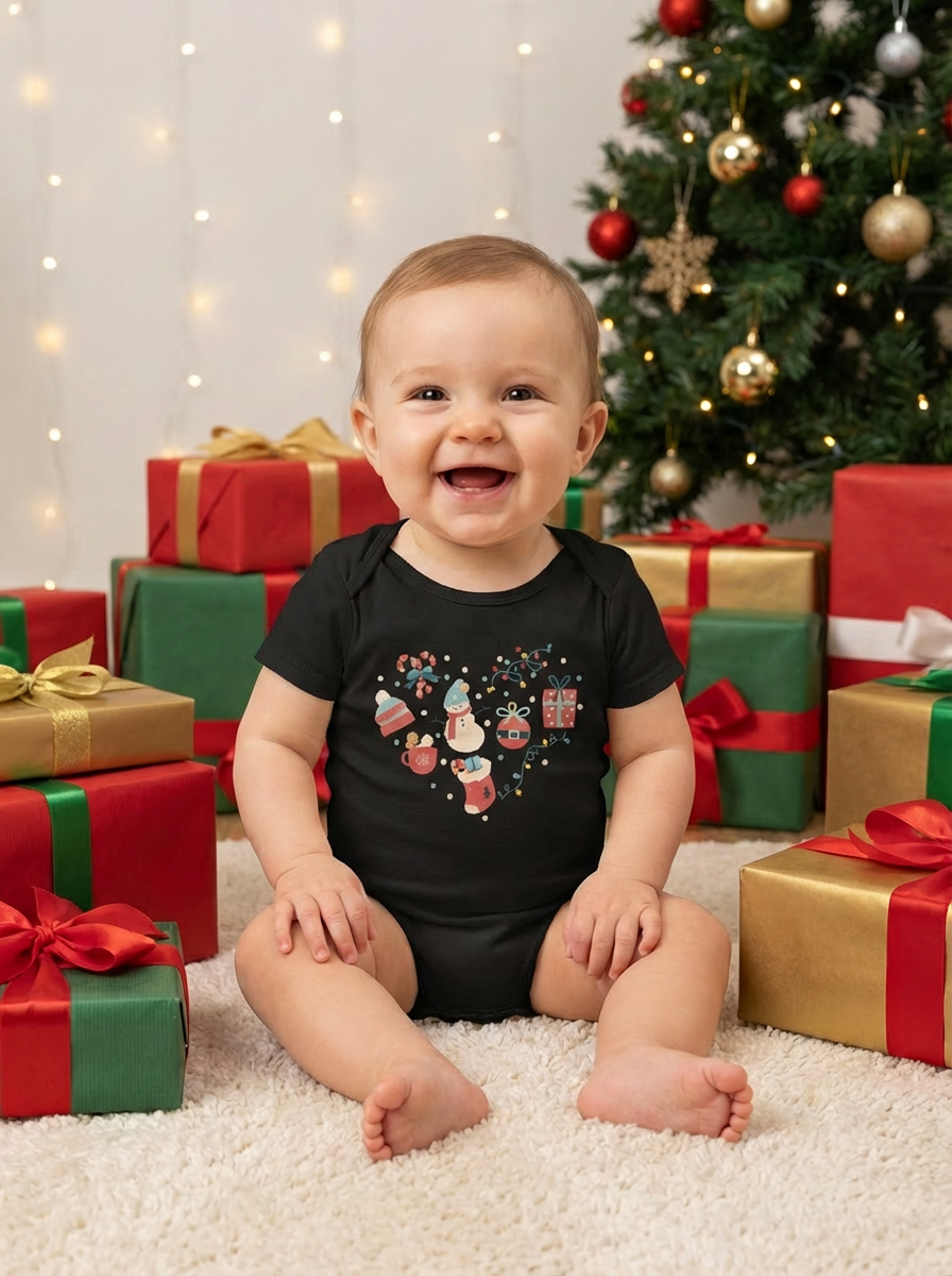 Christmas Heart Baby Bodysuit | Holiday Heart Infant One Piece