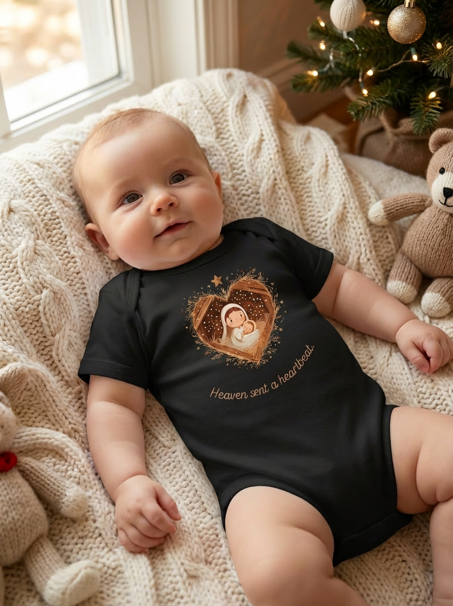 Heaven Sent a Heartbeat Organic Baby Bodysuit | Christian Christmas Onesie