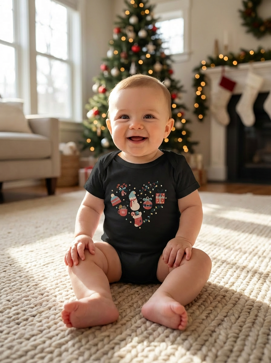 Christmas Heart Baby Bodysuit | Holiday Heart Infant One Piece
