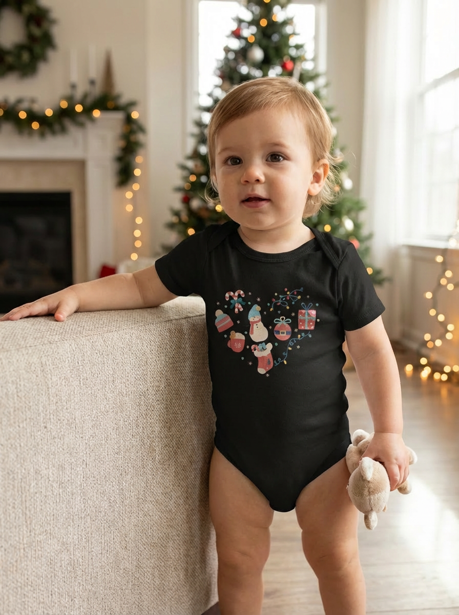 Christmas Heart Baby Bodysuit | Holiday Heart Infant One Piece