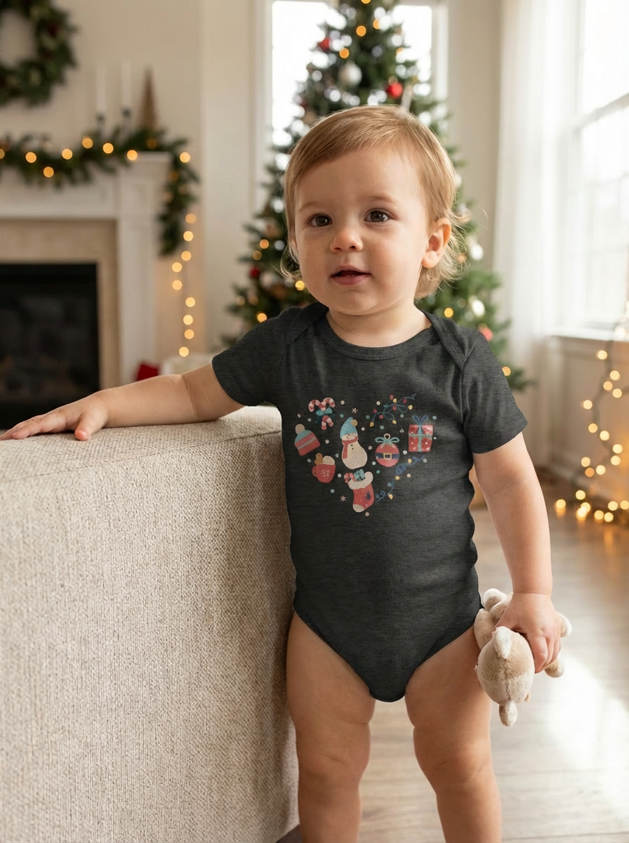 Christmas Heart Baby Bodysuit | Holiday Heart Infant One Piece