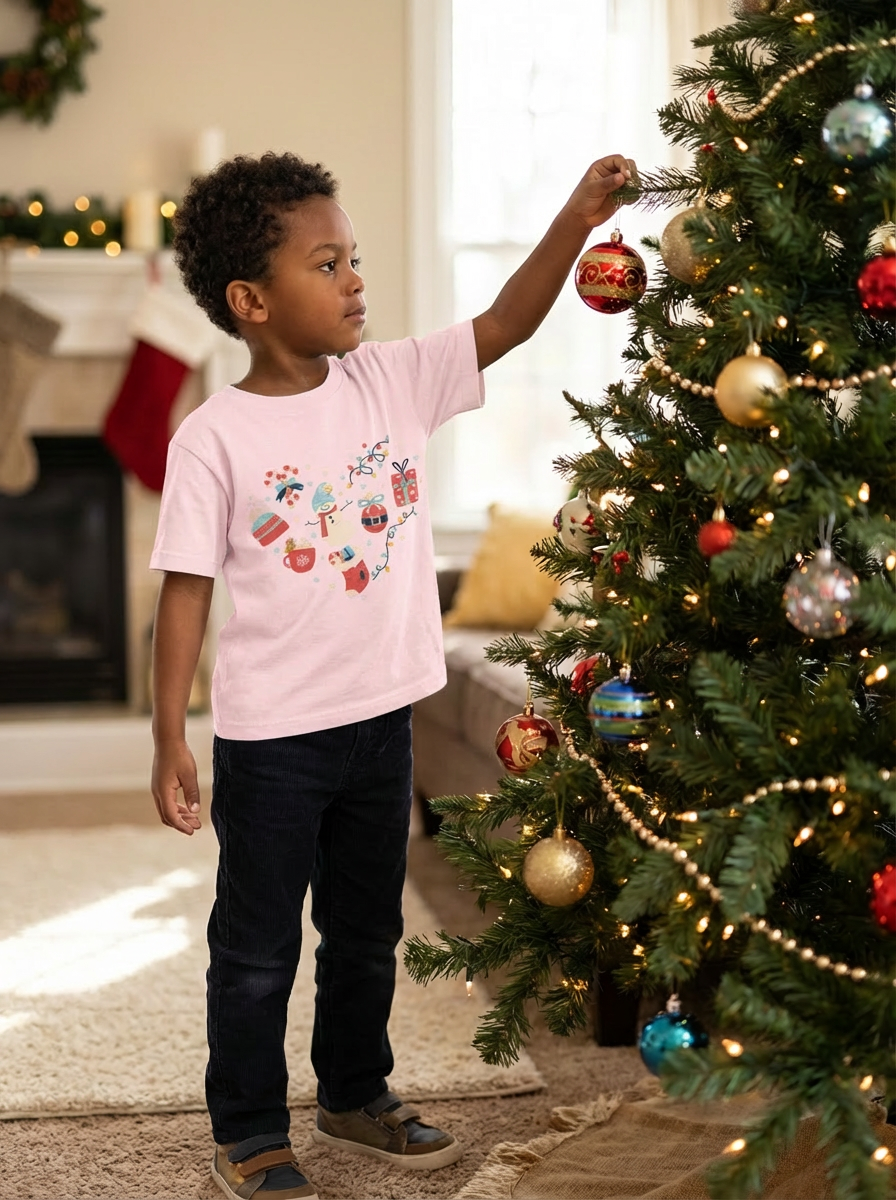 Christmas Heart Toddler Short Sleeve Tee | Festive Holiday Kids Shirt