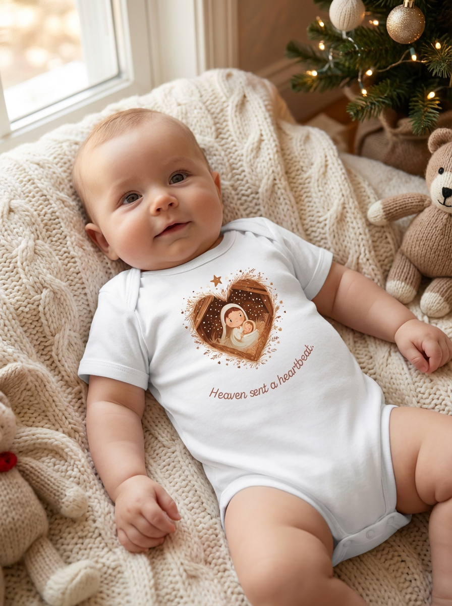 Heaven Sent a Heartbeat Organic Baby Bodysuit | Christian Christmas Onesie