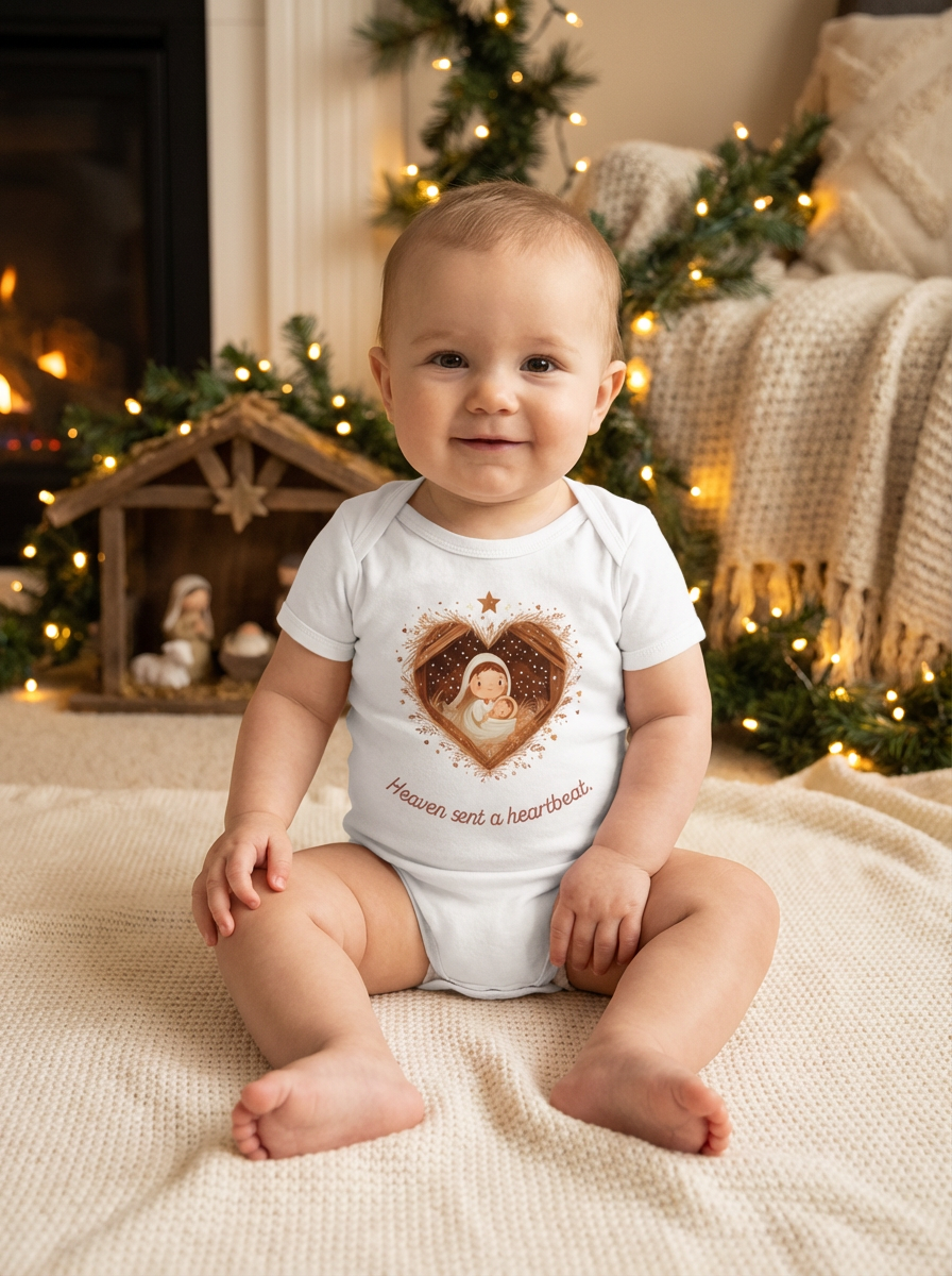 Heaven Sent a Heartbeat Organic Baby Bodysuit | Christian Christmas Onesie