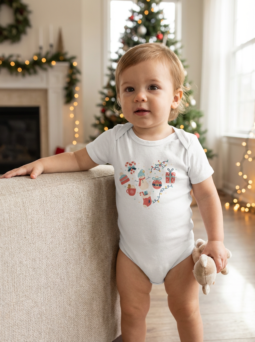 Christmas Heart Baby Bodysuit | Holiday Heart Infant One Piece