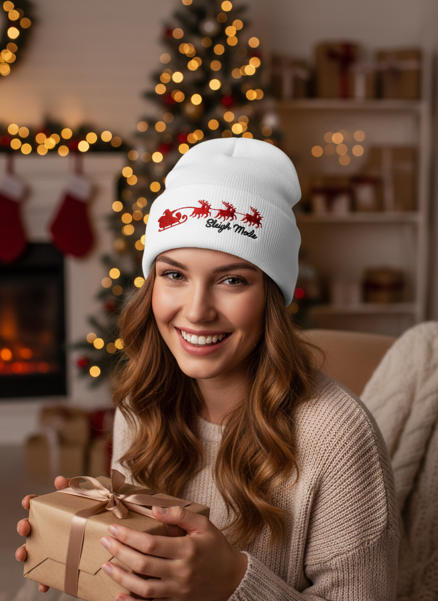 Sleigh Mode Reindeer Christmas Beanie - Women's