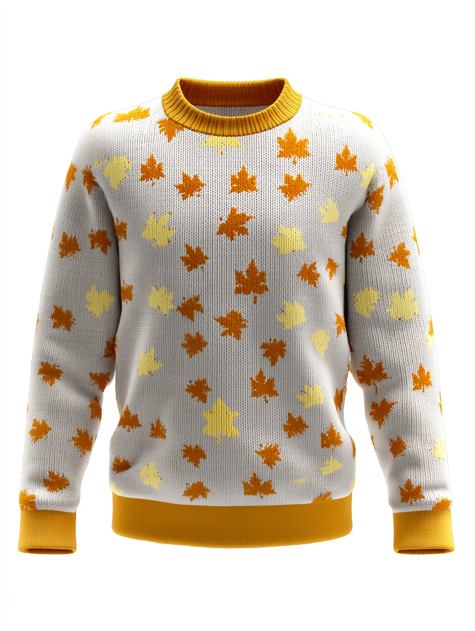 Allover Maple Leaf Sweater (White with Orange Leaves) - Women's