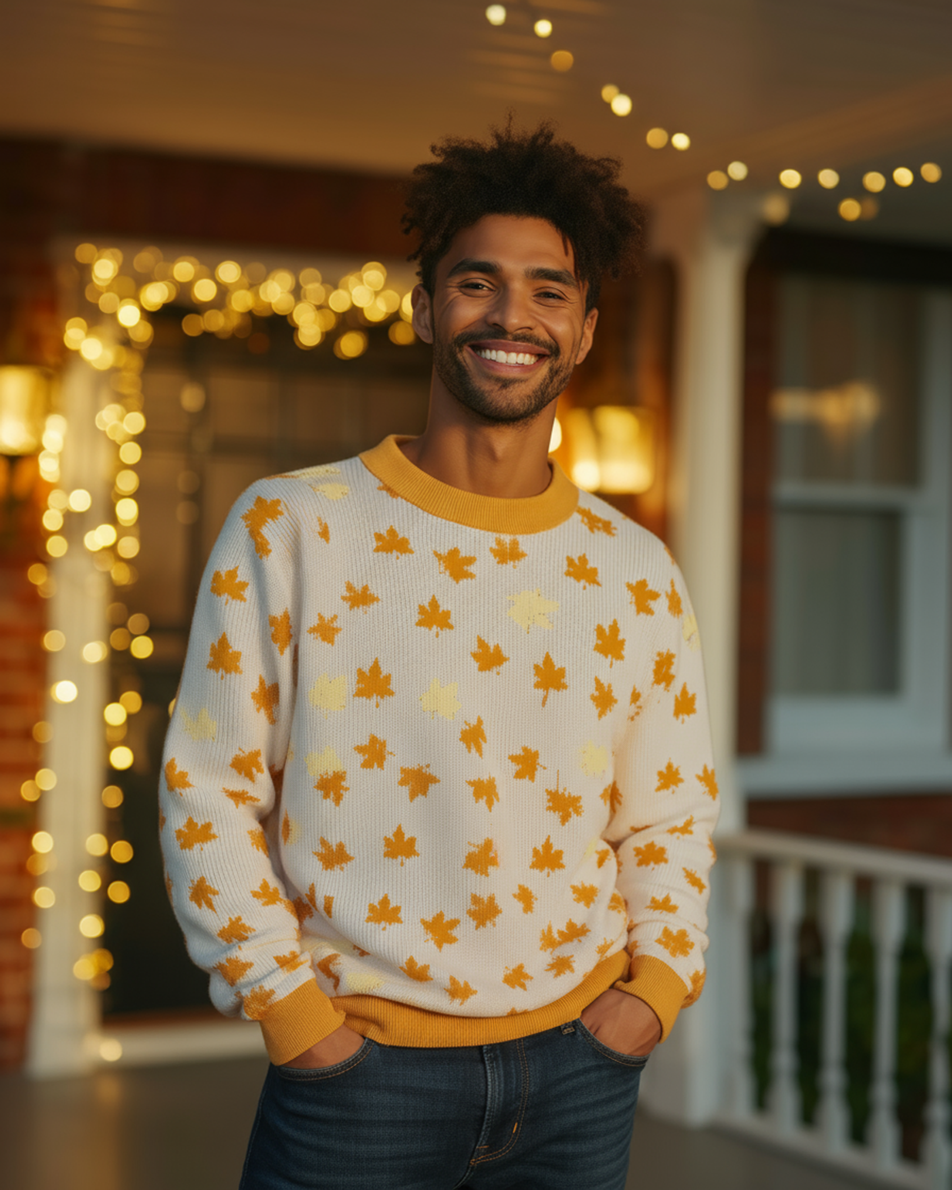 Allover Maple Leaf Sweater (White with Orange Leaves) - Men's