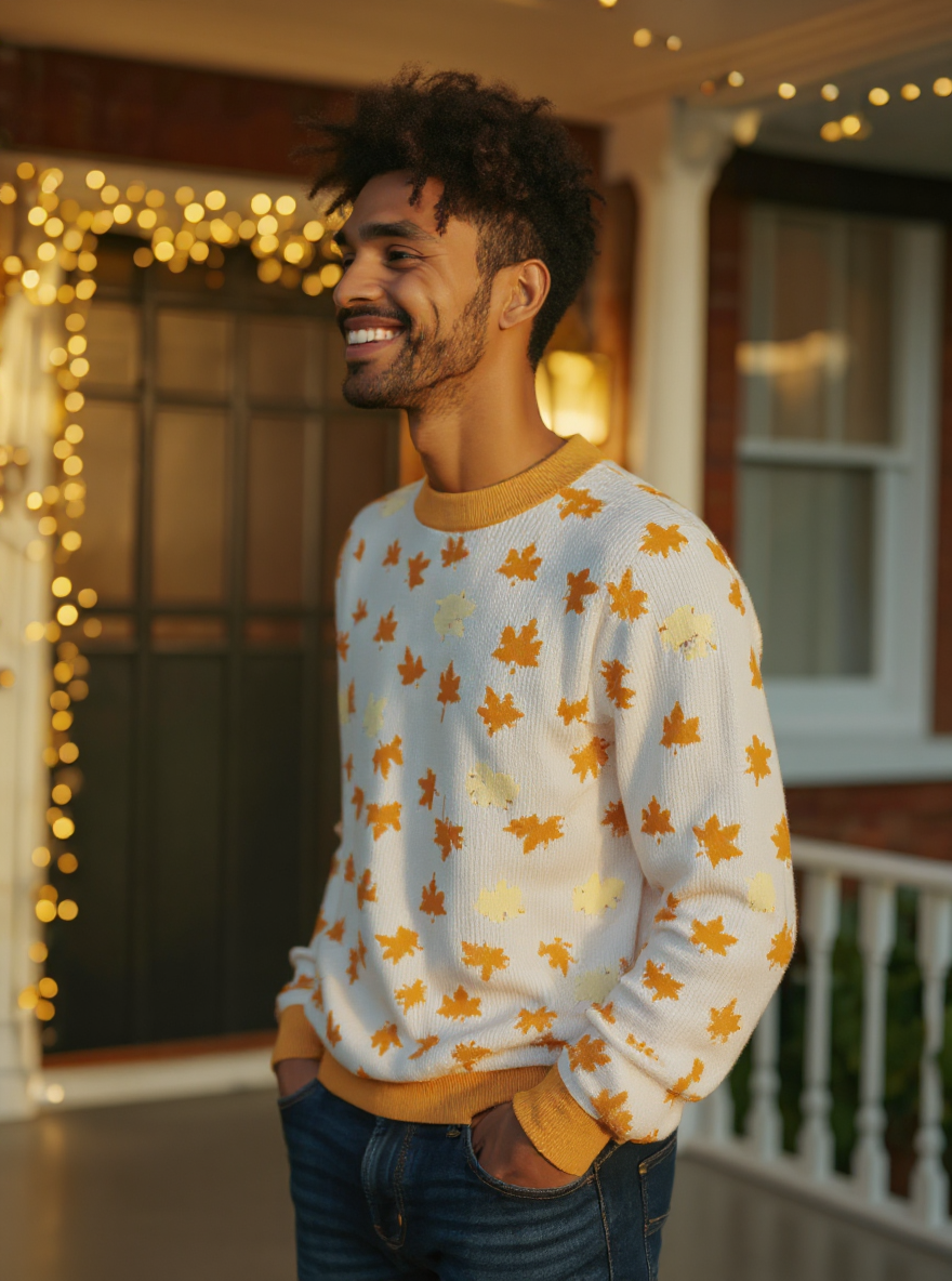 Allover Maple Leaf Sweater (White with Orange Leaves) - Men's