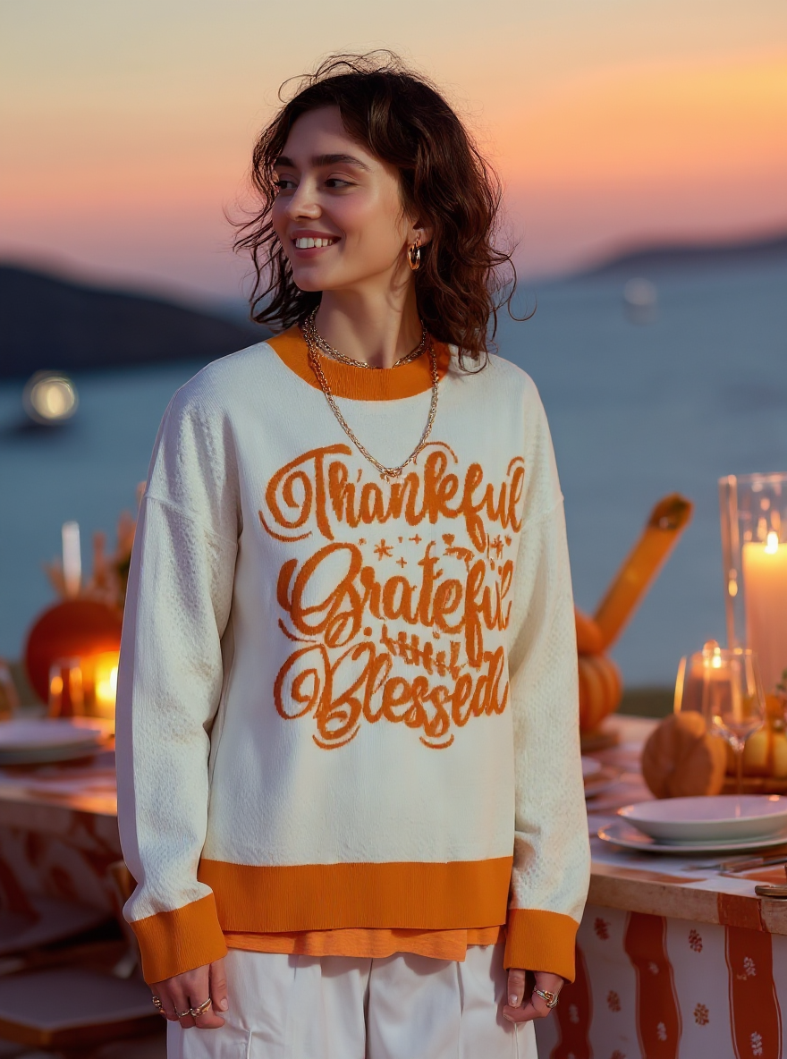 Thankful Grateful Blessed Sweater (Orange) - Women's