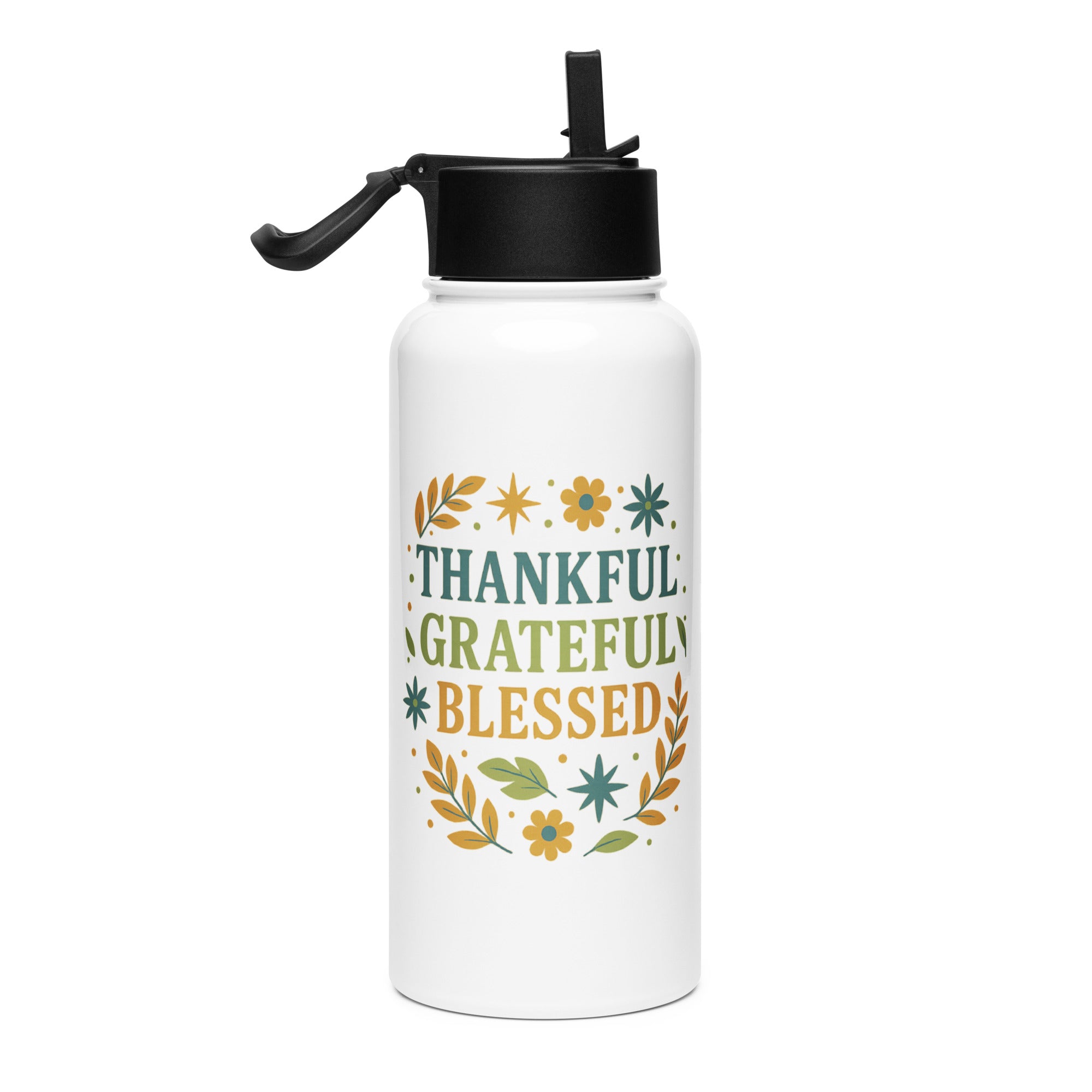 Thankful. Grateful. Blessed. Water Bottle (Leaves) - Stainless Steel