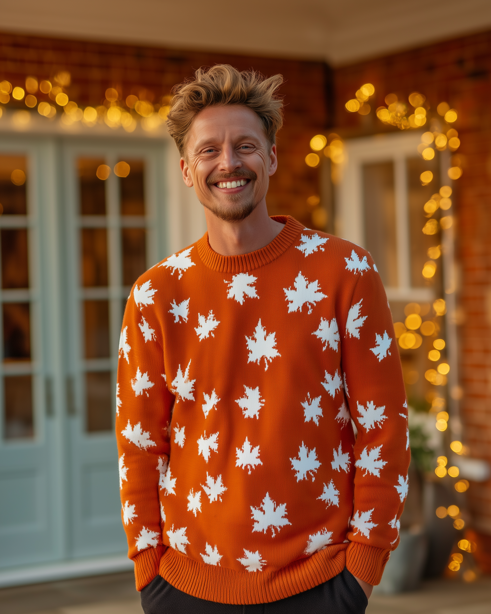 Allover Maple Leaf Sweater (Orange with White Leaves) - Men's