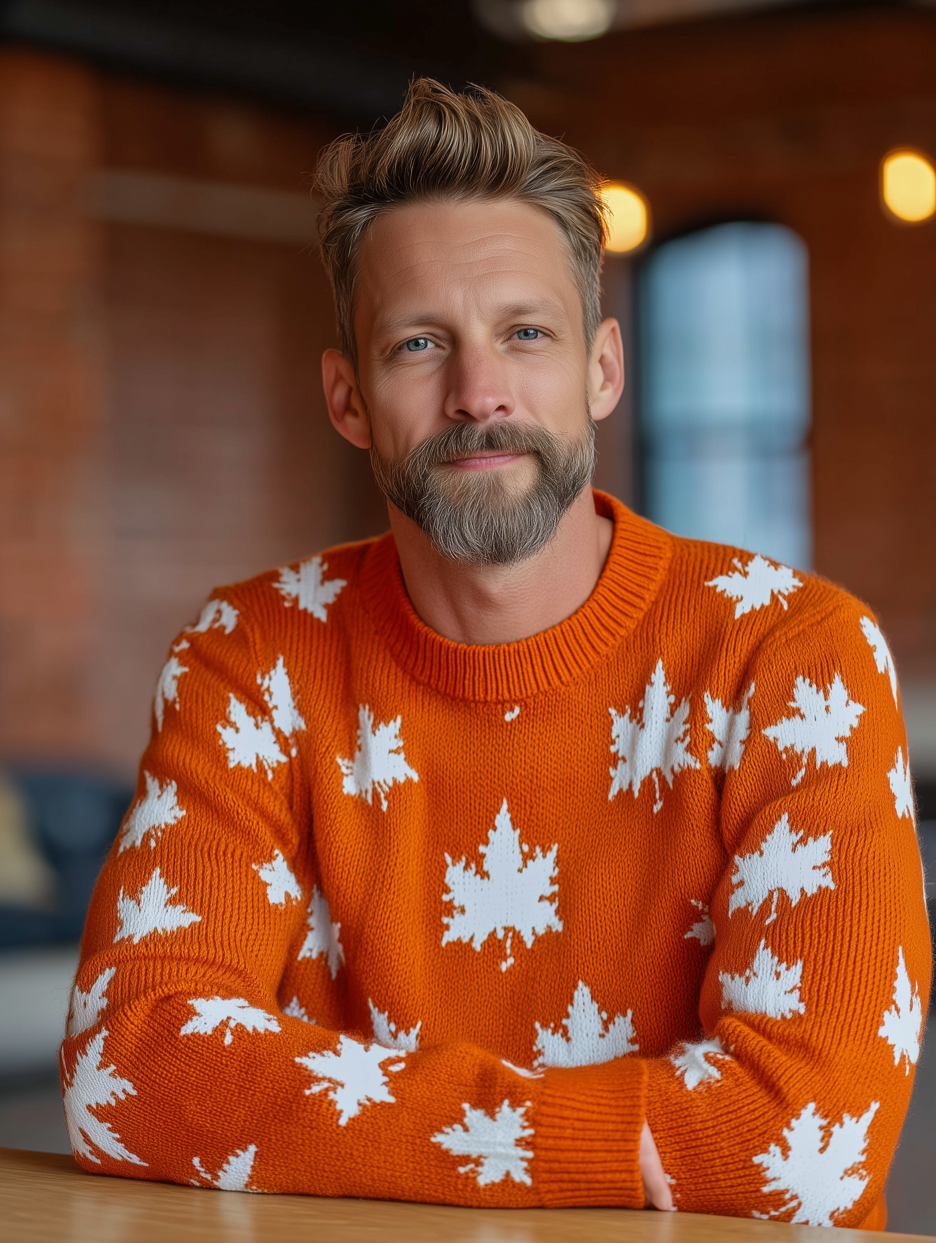 Allover Maple Leaf Sweater (Orange with White Leaves) - Men's