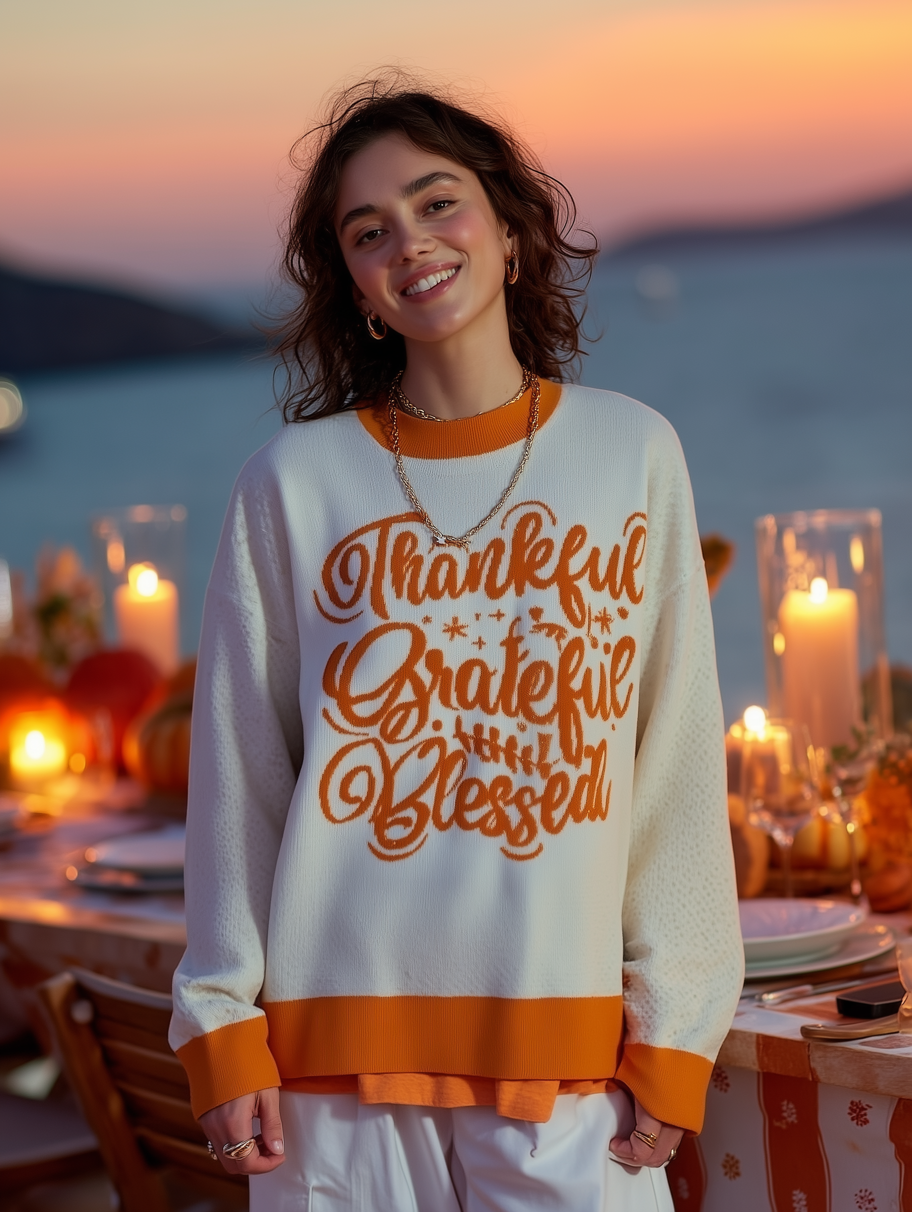 Thankful Grateful Blessed Sweater (Orange) - Women's