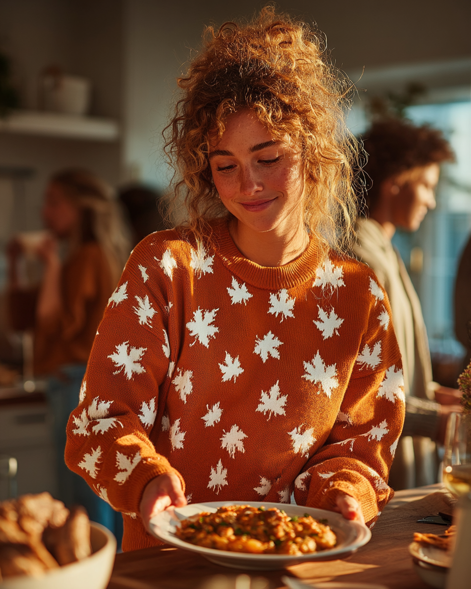 Allover Maple Leaf Sweater (Orange with White Leaves) - Women's