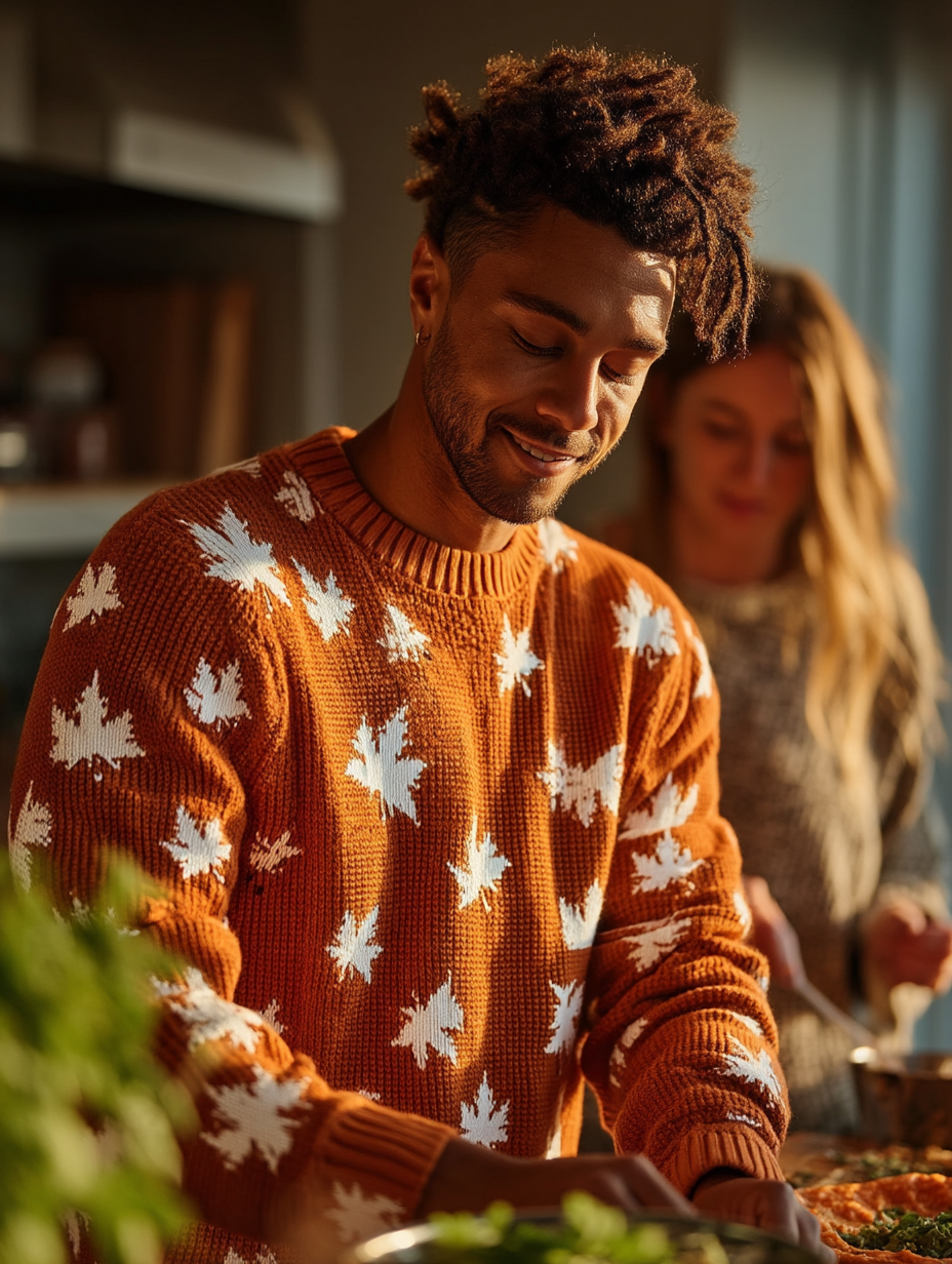 Allover Maple Leaf Sweater (Orange with White Leaves) - Men's